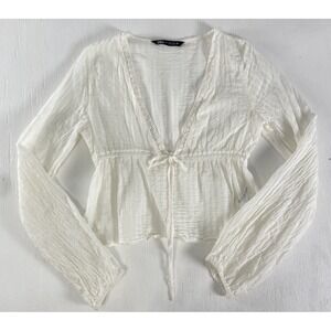 Zara White Gauze 100% Cotton Long Sleeve Lace Trim Blouse Semi Sheer size S cbk